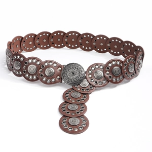 Vintage bohemian brown studded leather belt with carved round metal buckle for dresses