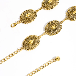 Bohemian gold metal waist chain with vintage sunburst engraved relief and lobster clasp