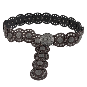 Vintage bohemian brown studded leather belt with engraved floral metal buckle