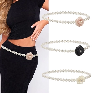 Elegant Artificial Pearl Waist Chain With Satin Camellia Flower Decorative Elastic Belt For Women Dress Party Jewelry