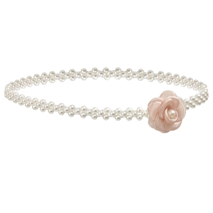 Elegant white pearl waist belt with a soft pink camellia flower for women's dresses