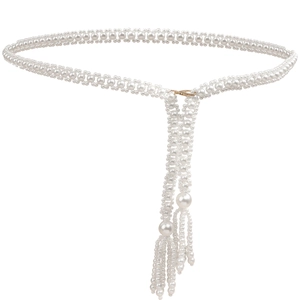 Elegante catena in vita di perle intrecciate con chiusura dorata e dettagli di nappe