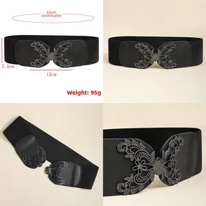 Détails de la ceinture corset élastique noire avec boucle papillon et dimensions précises