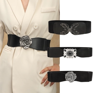 Ceinture Corset Large Élastique pour Femmes en Cuir PU Boucle Papillon Fleur de Rose Rétro Ceinture Décorative de Mode