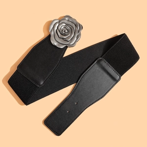 Large ceinture corset élastique noire avec une boucle en métal rose 3D argentée vintage