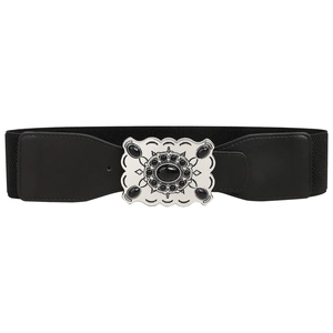 Ceinture large élastique noire bohème avec boucle argentée vintage et pierres décoratives