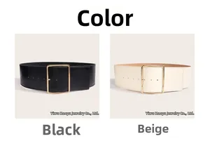 Vue détaillée de ceintures larges en noir et beige avec grandes boucles dorées carrées