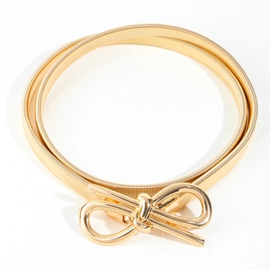 Elastic gold metal waist belt with decorative butterfly bow buckle for dresses