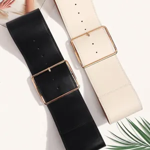 Large ceinture de taille élégante pour femme avec boucle carrée dorée en noir et beige clair