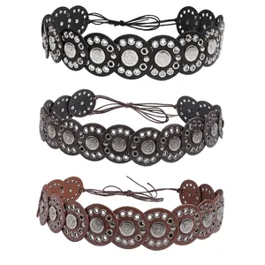 Retro bohemian wide leather waist belts with metal grommets and embossed discs in three colors
