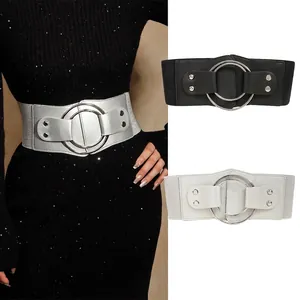 Ceinture Corset Élastique Large pour Femme Boucle Double Anneau Rond Bande de Taille en Cuir PU avec Rivets Accessoire Mode
