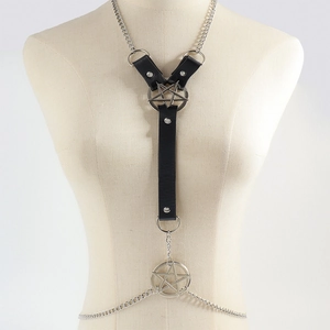 Gothic Punk PU Leather Body Chain Harness For Women Distressed Metal Star Pendant Sexy Hanging Neck Body Belt Accessories