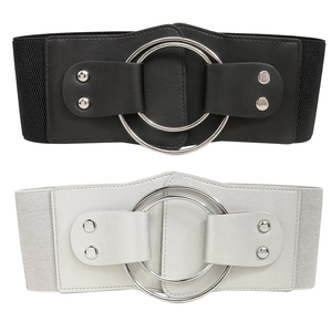 Ceinture large élastique pour femme avec boucle élégante à double anneau en métal argenté