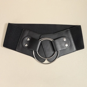 Ceinture large élastique noire pour femme avec boucle double anneau argent