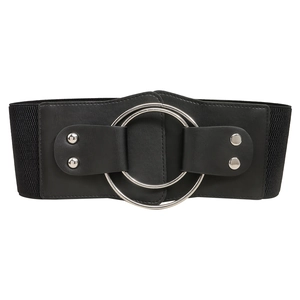 Large ceinture élastique noire tendance avec double anneau argenté et rivets en métal