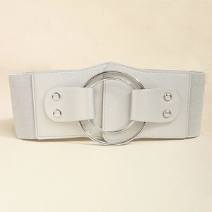 Women's silver wide elastic waist belt featuring stylish double interlocking metal rings