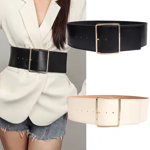 Mode Ceinture Corset Large en Cuir PU Ceinture de Cintrage Avec Boucle Carrée Dorée Pour Robe Costume Accessoire Polyvalent
