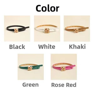 Close-up of thin belts with golden rose buckles in black, white, khaki, green and rose red