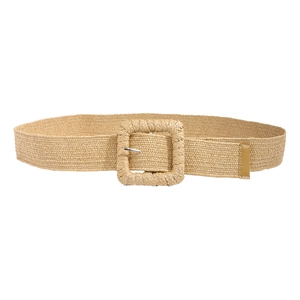 Beige woven straw waist belt for women with square buckle and vintage bohemian style