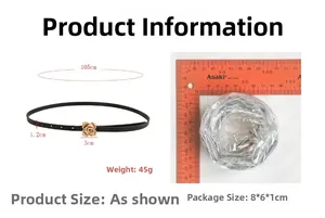 Detailed size parameters for the slim black belt with a gold rose buckle for women