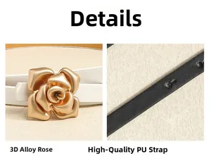 Detail of rose-shaped gold buckle and premium PU leather strap on women skinny belt