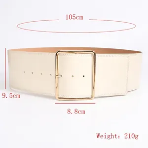 Ceinture large crème chic pour robes avec une grande boucle carrée dorée, longueur 105cm