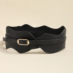 Ceinture corset noire femme en similicuir à bords ondulés et boucle dorée