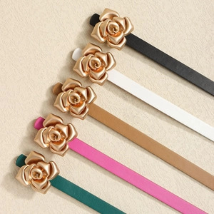 Women's slim leather belts with gold rose buckles in various colors for dresses