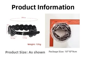 Vue détaillée d'une ceinture vintage à rivets en cœur avec boucle et mesures précises