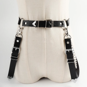 Black PU leather body harness with heart metal plates and punk style triple chains