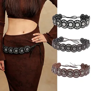 Bohemian Ethnic Style PU Leather Corset Belt For Women Retro Round Hollow Metal Coin Pendant Waist Seal Wrap Tie Belt