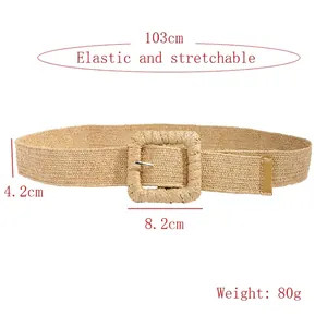 Bohemian elastic straw belt in khaki with a large square buckle and 103cm length