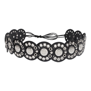 Ethnic wide black waist belt with silver metal eyelets and embossed floral studs