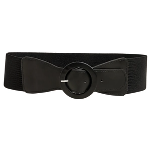 Women's black elastic wide waist belt with round faux leather buckle for dresses and coats