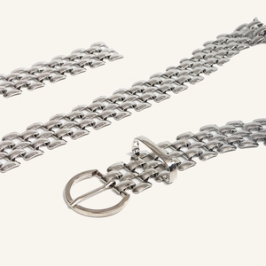 Nahaufnahme einer silbernen geflochtenen Metallkette mit runder Schnalle und Politur