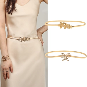 Damen Elegant Metall Federkette Gürtel Blumen Schleife Schnalle Galvanisierte Elastische Taillenband Für Kleid Dekoration