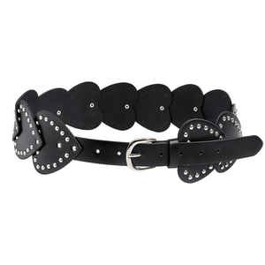 Ceinture vintage en cuir noir avec panneaux en forme de cœur et rivets argentés