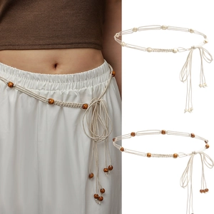 Bohemian Hand Woven Waist Chain For Women Cotton Linen Belt With Wooden Beads And Tassels For Dress Sweater Accessories