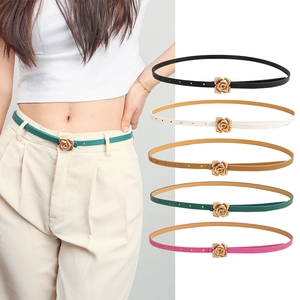 Elegant Rose Buckle Skinny Belt For Women Fashion Thin PU Leather Waist Strap For Dresses Sweaters Adjustable Waistband