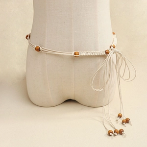Bohemian braided waist chain belt with dark brown wooden beads and elegant long tassels