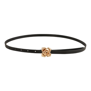 Elegant thin black leather belt for women featuring a golden rose flower buckle design