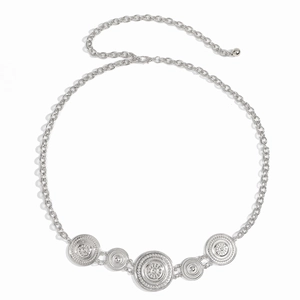 Detail of silver metal waist chain featuring five embossed circular plates and adjustable link