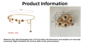 Detailed size specifications for bohemian gold waist chain with black beads and 104cm length