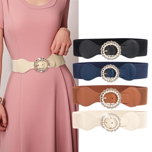 Cintura Elastica Donna Perla Artificial Elegante Fibbia Circolare Strass Larga Corsetto Elastico Cintura per Abiti Cintura Vita Alla Moda