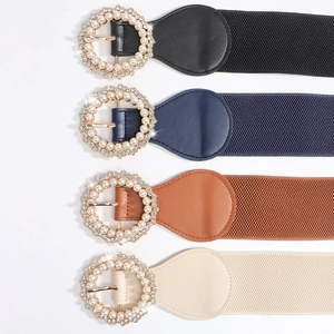 Cinture elastiche da donna con fibbie rotonde in perle e strass in quattro colori