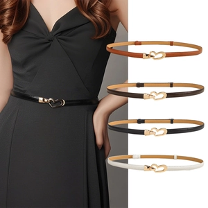 Elegant Women Skinny Waist Belt PU Leather Gold Heart Shaped Alloy Buckle Adjustable Slim Thin Strap For Dresses Accessories
