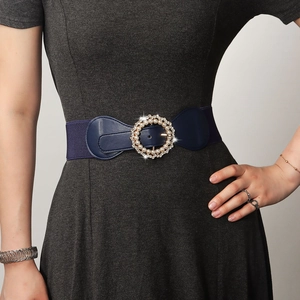 Cintura elastica blu navy da donna con elegante fibbia decorata con perle e strass