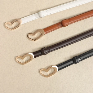 Slim leather belts for women in four colors with gold heart-shaped metal buckles