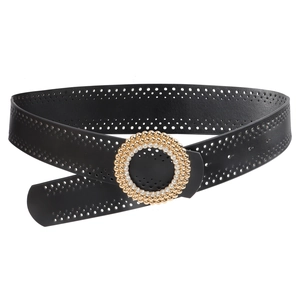 Ceinture noire en cuir pour femme avec perforations laser et boucle ronde en strass dorés