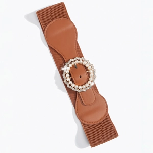 Cintura elastica larga da donna marrone scuro con fibbia decorata con perle e strass